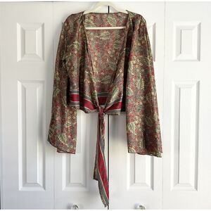 Women's 100% Silk Tie Front Wrap Top Boho Floral Kimono Sleeve Blouse India